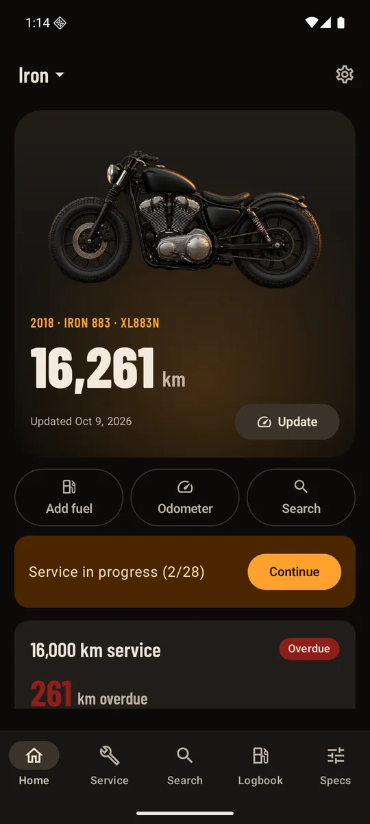 Home: your bike, the next service, document expiries